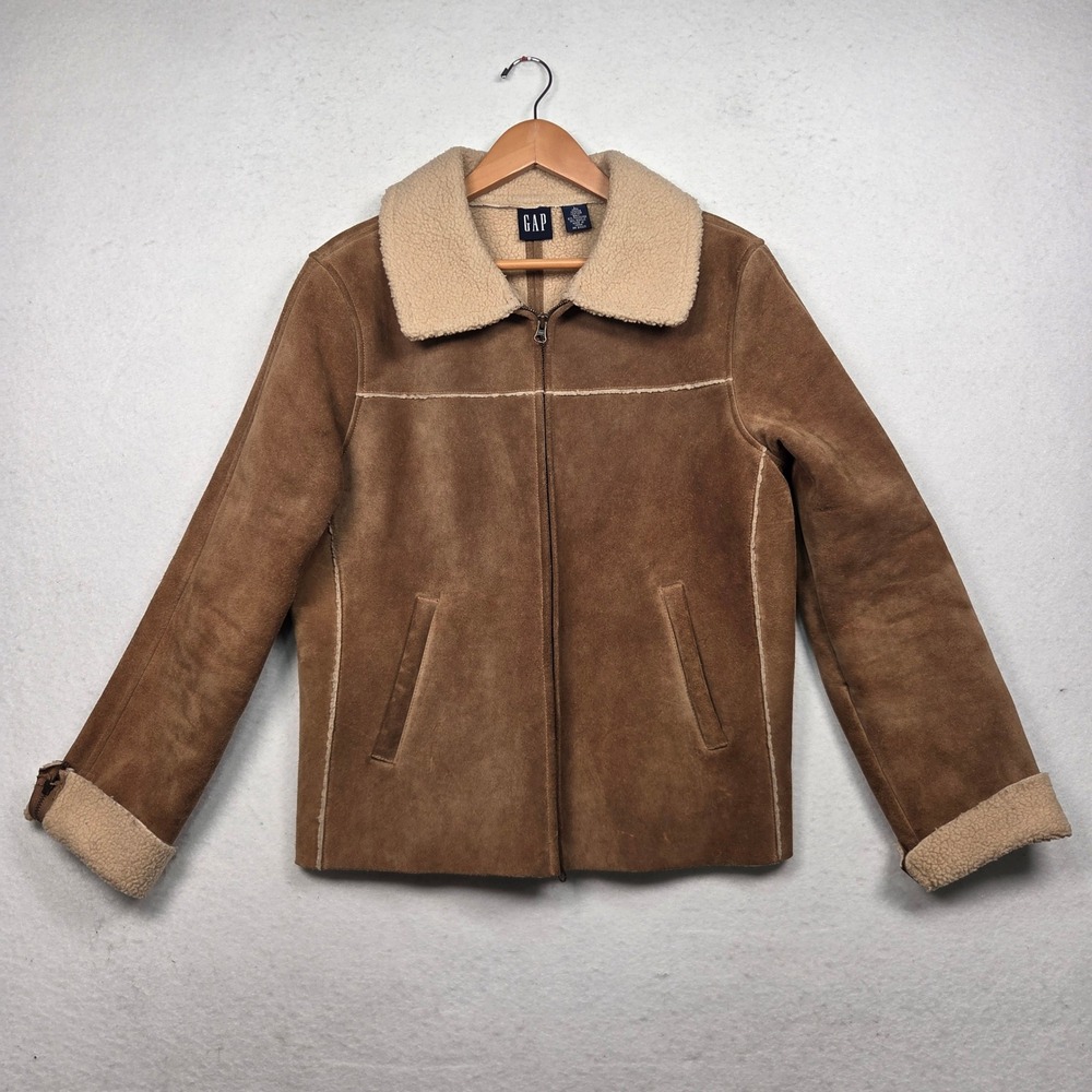 Vintage GAP Suede Leather Jacket 90's Women Large Brown Shearling Lined Zip Coat